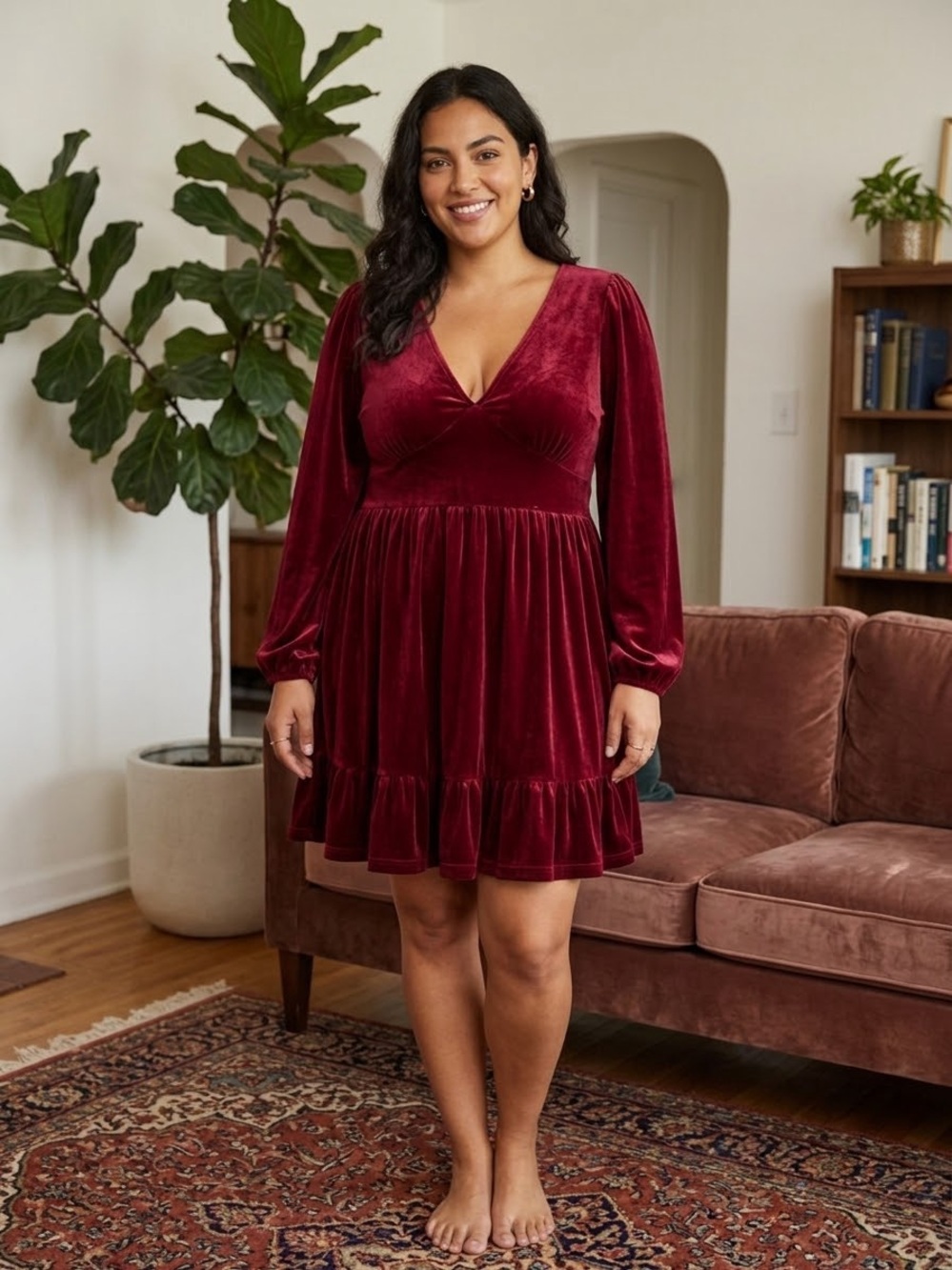 Halara XL Wine Red Velvet Long Sleeve Dress Romantic Whimsigoth Holiday Cocktail